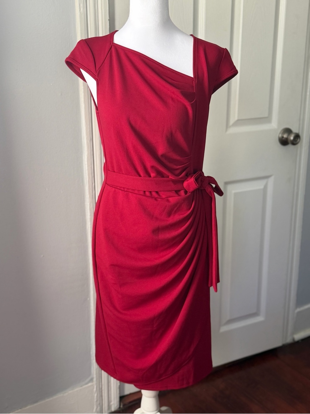 Elegant Red Draped Midi Dress with Tie Waist